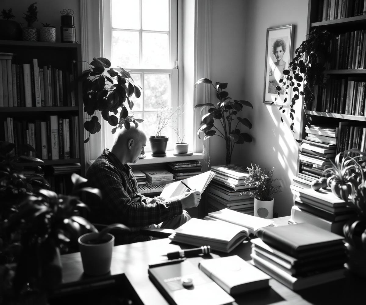 John Stewart writing at his sunlit desk surrounded by books and plants