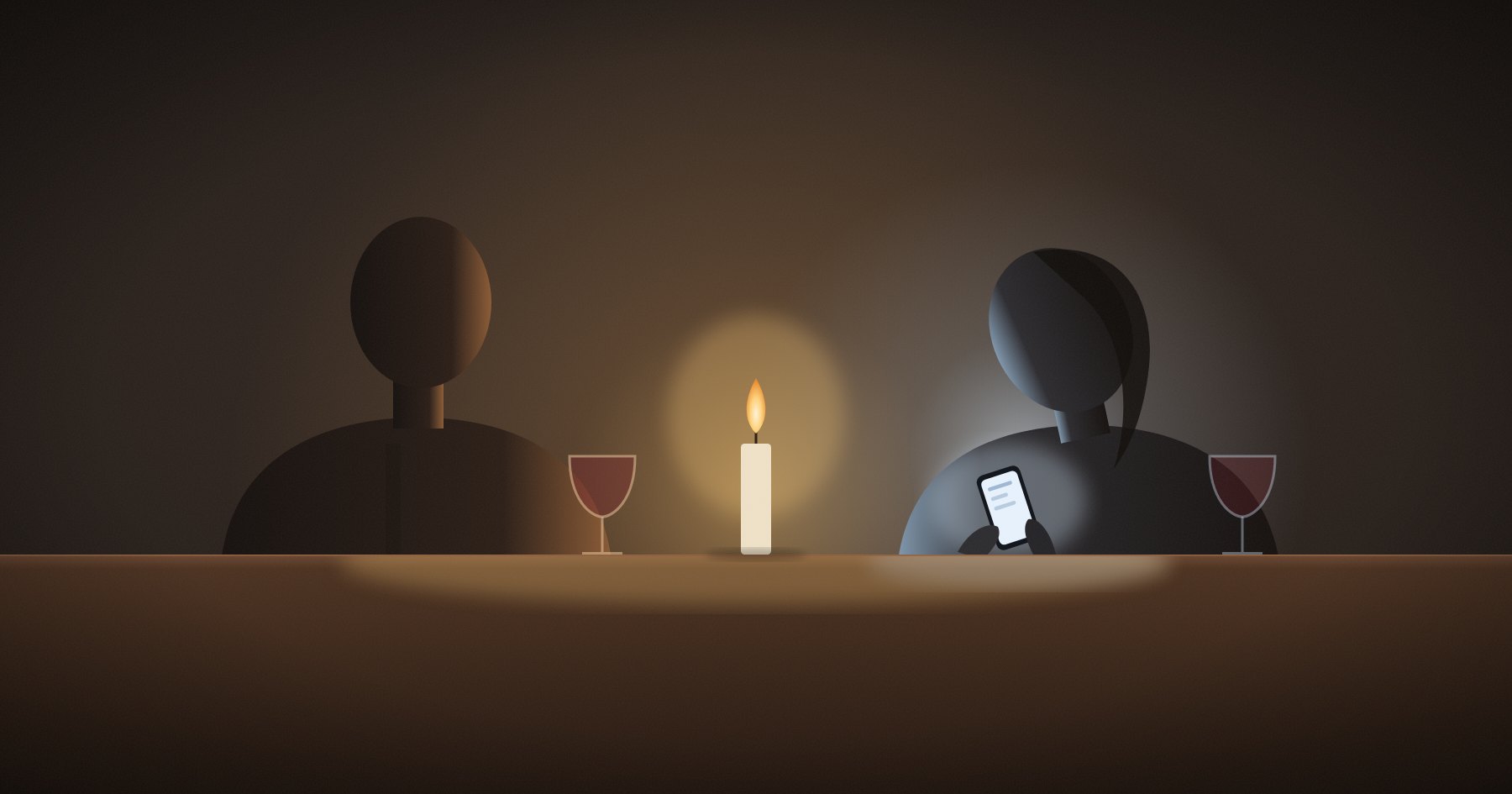 Illustration of a couple at a candlelit table: he looks toward her while she looks down at her glowing phone.